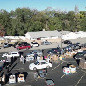 aerial photo of cars at parking lot food pantry